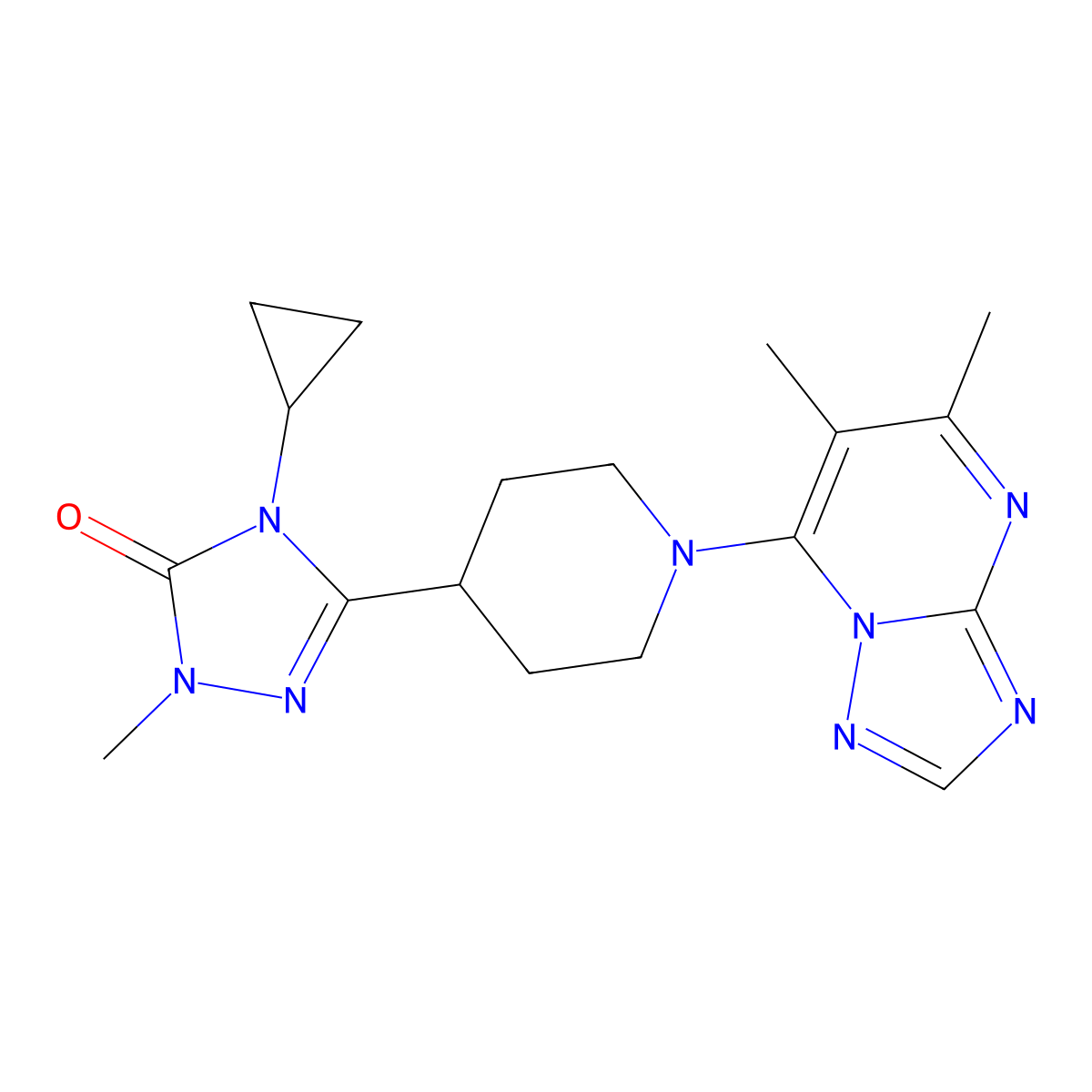 4-cyclopropyl-3-(1-{5,6-dimethyl-[1,2,4]triazolo[1,5-a]pyrimidin-7-yl}piperidin-4-yl)-1-methyl-4,5-dihydro-1H-1,2,4-triazol-5-one molecular structure, CAS 2742019-99-2
