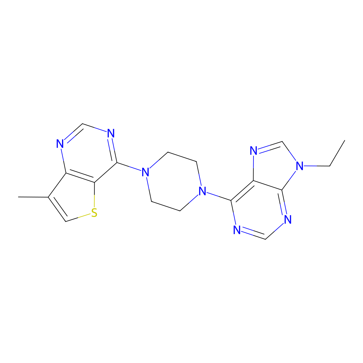 9-ethyl-6-(4-{7-methylthieno[3,2-d]pyrimidin-4-yl}piperazin-1-yl)-9H-purine molecular structure, CAS 2742020-02-4