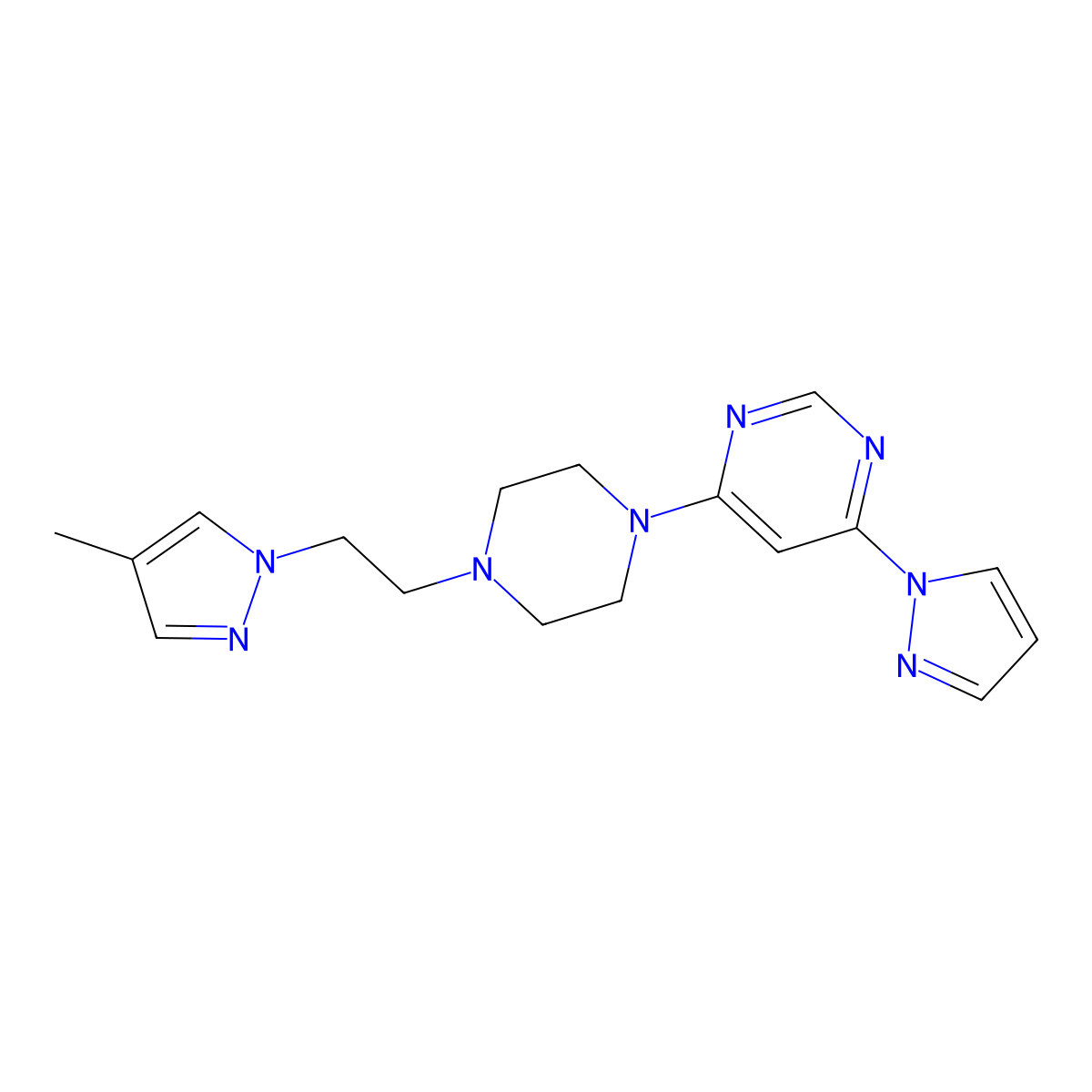 4-{4-[2-(4-methyl-1H-pyrazol-1-yl)ethyl]piperazin-1-yl}-6-(1H-pyrazol-1-yl)pyrimidine molecular structure, CAS 2742020-03-5