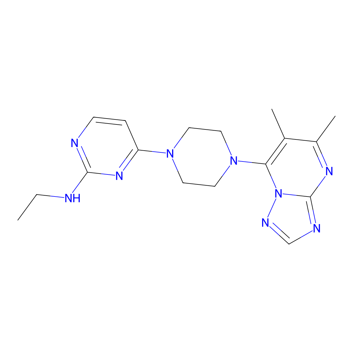 4-(4-{5,6-dimethyl-[1,2,4]triazolo[1,5-a]pyrimidin-7-yl}piperazin-1-yl)-N-ethylpyrimidin-2-amine molecular structure, CAS 2742020-04-6