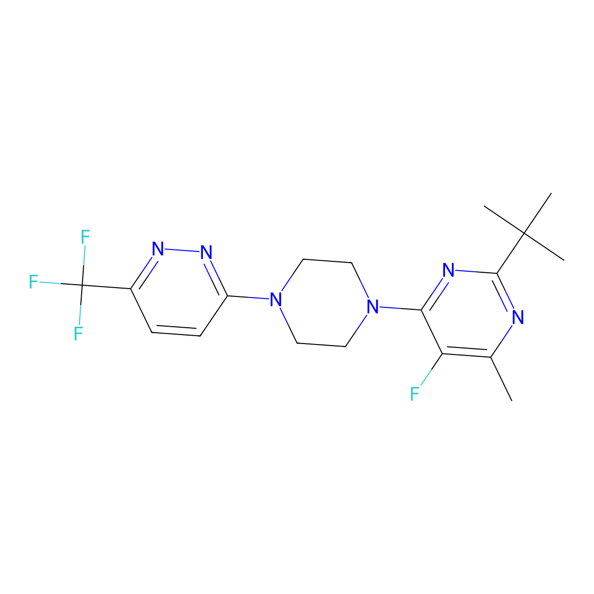 2-Tert-butyl-5-fluoro-4-methyl-6-{4-[6-(trifluoromethyl)pyridazin-3-yl]piperazin-1-yl}pyrimidine molecular structure, CAS 2742020-18-2