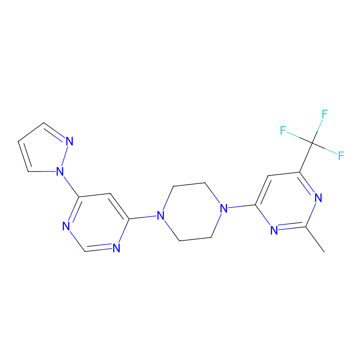 2-methyl-4-{4-[6-(1H-pyrazol-1-yl)pyrimidin-4-yl]piperazin-1-yl}-6-(trifluoromethyl)pyrimidine molecular structure, CAS 2742020-24-0