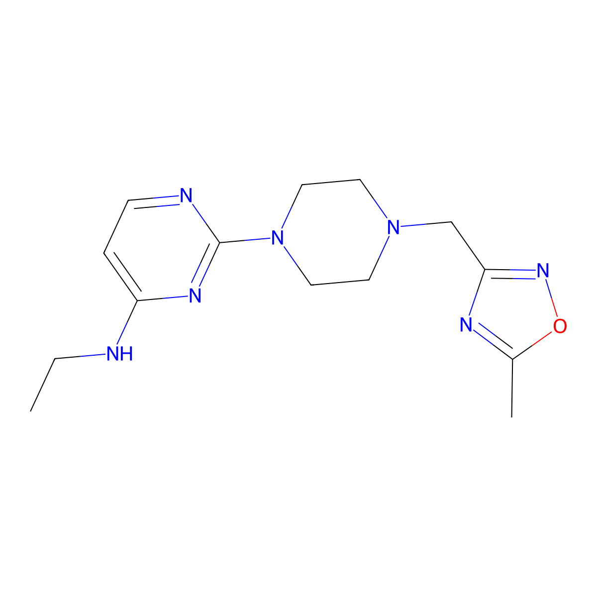 N-ethyl-2-{4-[(5-methyl-1,2,4-oxadiazol-3-yl)methyl]piperazin-1-yl}pyrimidin-4-amine molecular structure, CAS 2742020-25-1