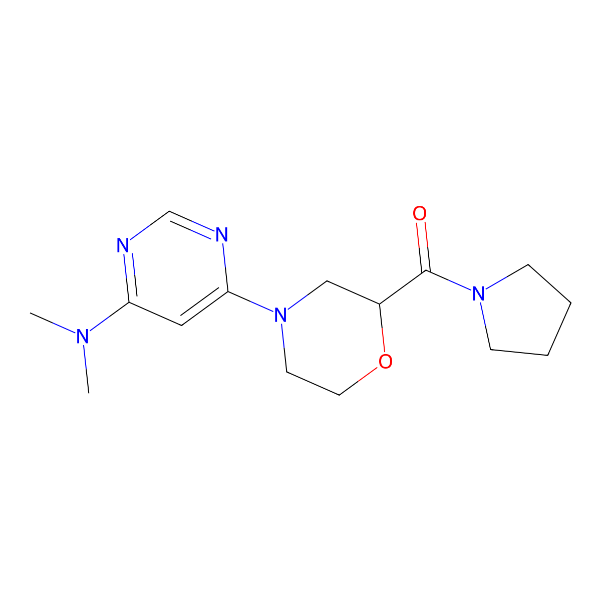 N,N-dimethyl-6-[2-(pyrrolidine-1-carbonyl)morpholin-4-yl]pyrimidin-4-amine molecular structure, CAS 2742020-31-9