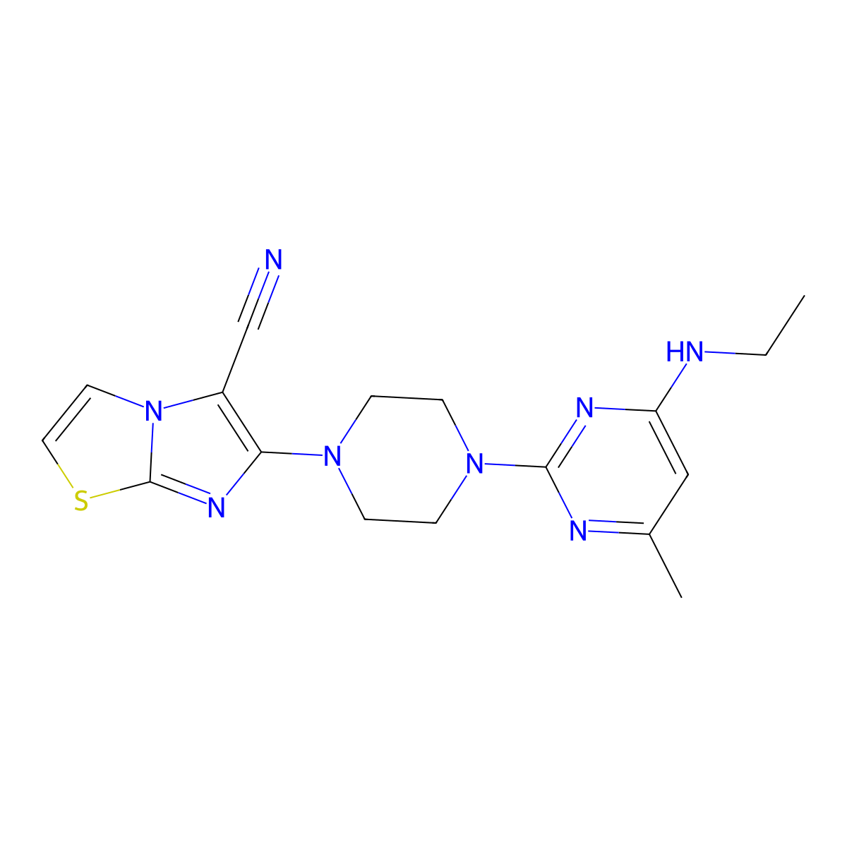 6-{4-[4-(Ethylamino)-6-methylpyrimidin-2-yl]piperazin-1-yl}imidazo[2,1-b][1,3]thiazole-5-carbonitrile molecular structure, CAS 2742020-34-2