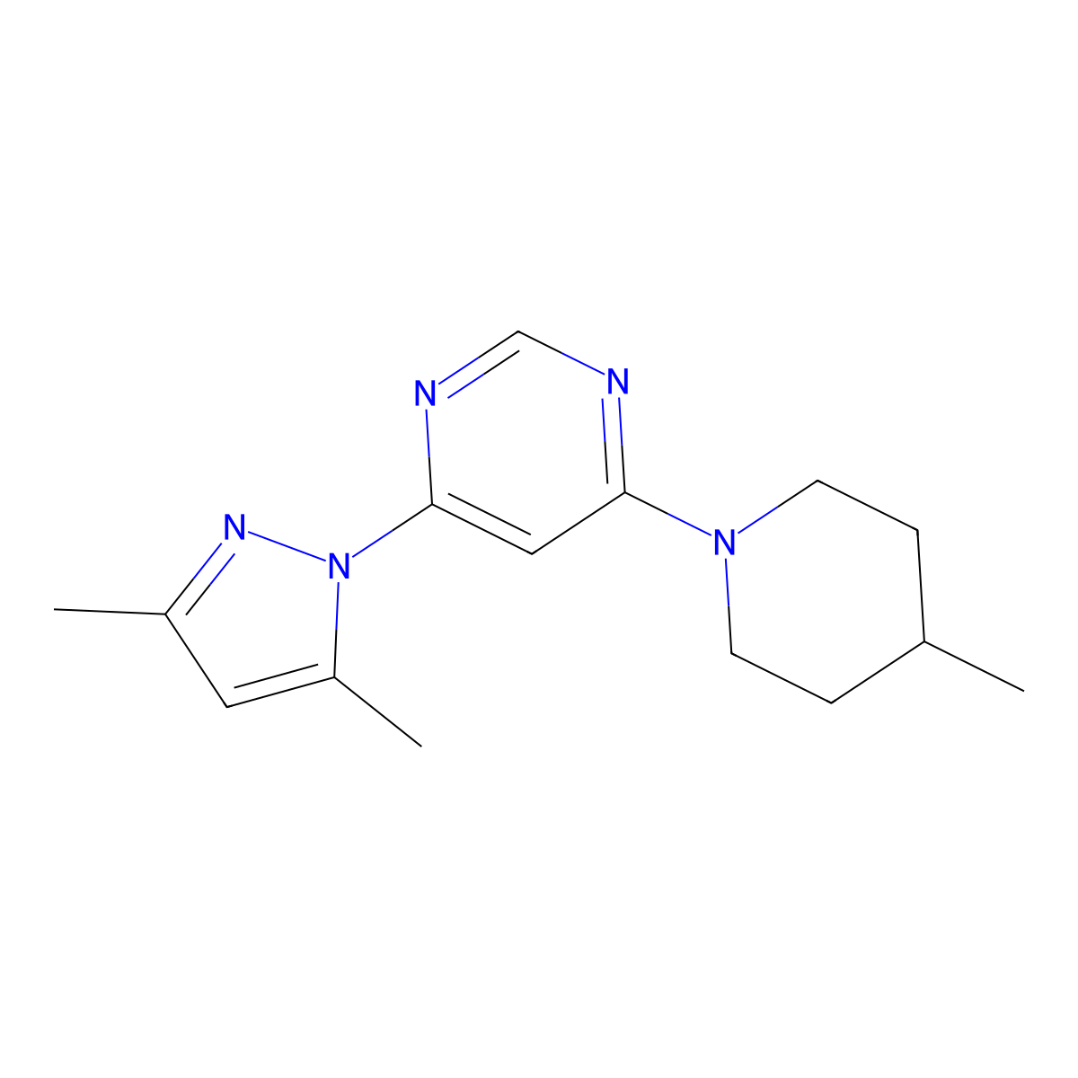 4-(3,5-dimethyl-1H-pyrazol-1-yl)-6-(4-methylpiperidin-1-yl)pyrimidine molecular structure, CAS 2742020-46-6