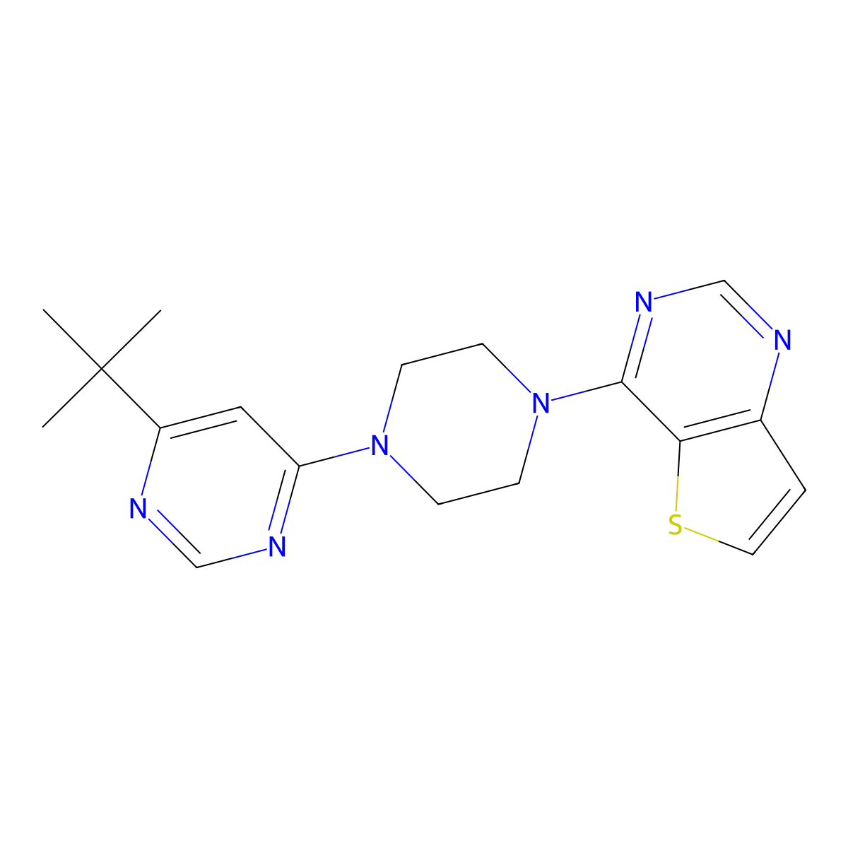 4-Tert-butyl-6-(4-{thieno[3,2-d]pyrimidin-4-yl}piperazin-1-yl)pyrimidine molecular structure, CAS 2742020-54-6