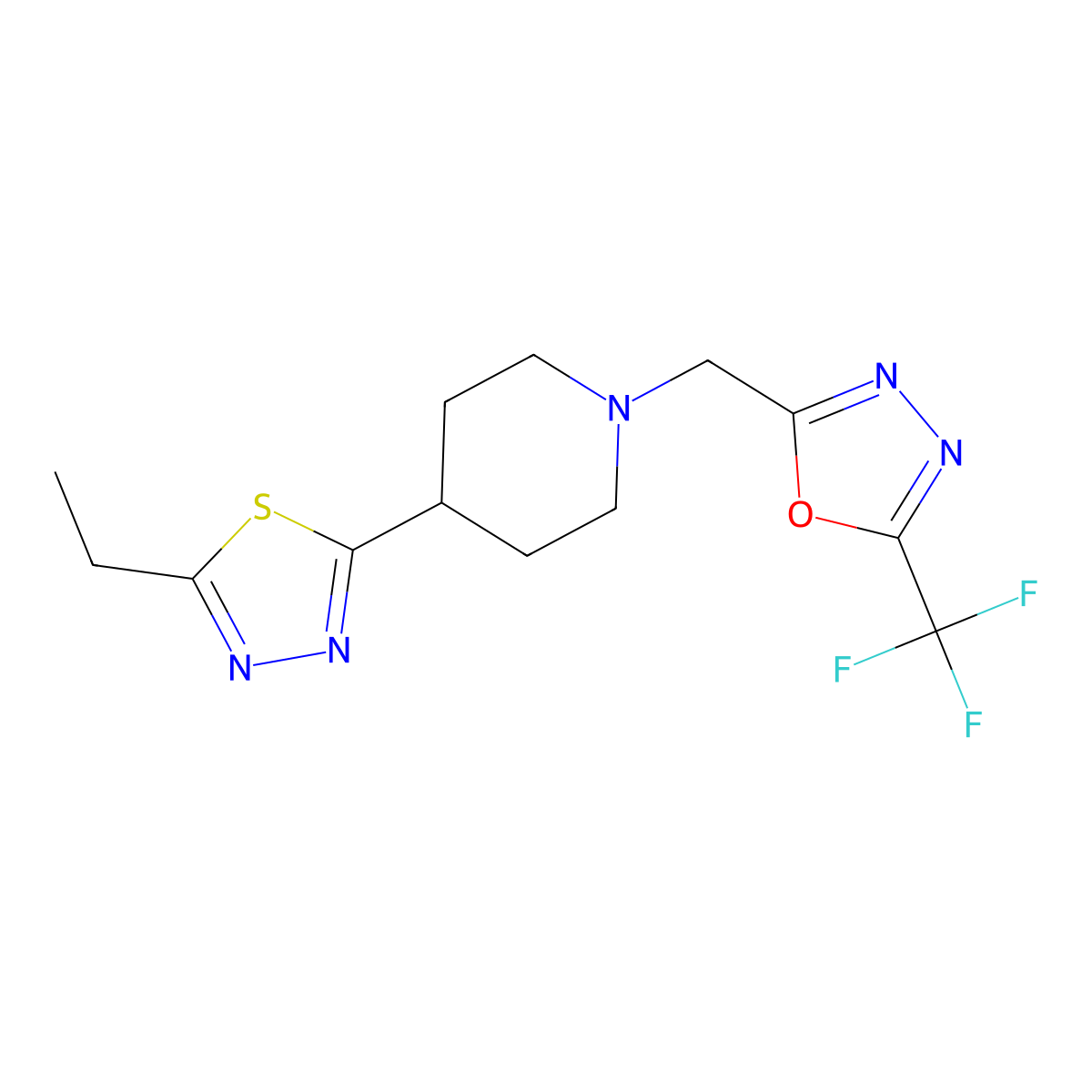 4-(5-Ethyl-1,3,4-thiadiazol-2-yl)-1-{[5-(trifluoromethyl)-1,3,4-oxadiazol-2-yl]methyl}piperidine molecular structure, CAS 2742020-59-1