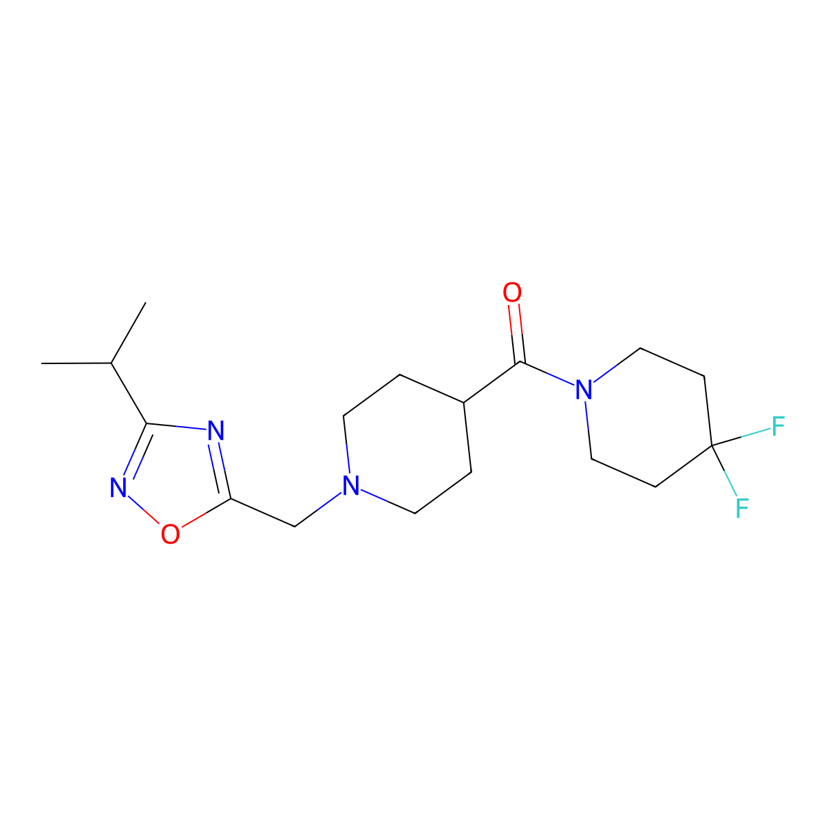 4,4-Difluoro-1-(1-{[3-(propan-2-yl)-1,2,4-oxadiazol-5-yl]methyl}piperidine-4-carbonyl)piperidine molecular structure, CAS 2742020-70-6