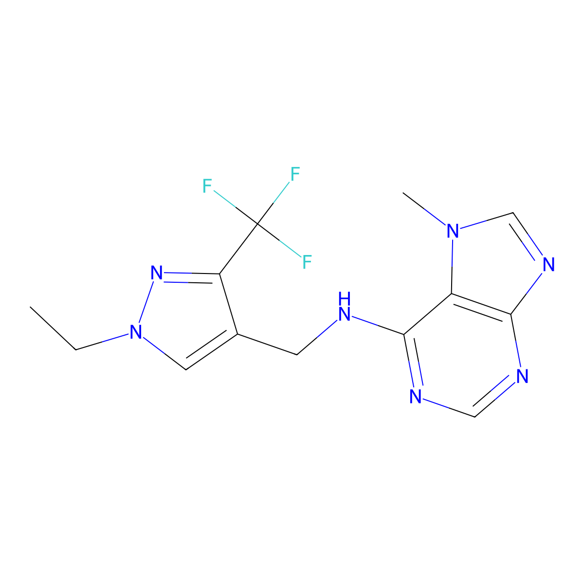 N-{[1-ethyl-3-(trifluoromethyl)-1H-pyrazol-4-yl]methyl}-7-methyl-7H-purin-6-amine molecular structure, CAS 2742020-74-0