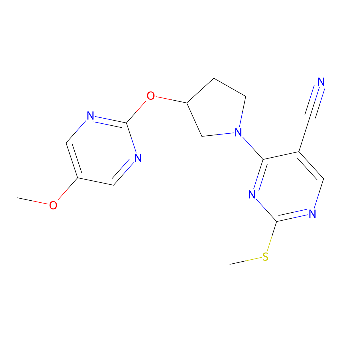 4-{3-[(5-Methoxypyrimidin-2-yl)oxy]pyrrolidin-1-yl}-2-(methylsulfanyl)pyrimidine-5-carbonitrile molecular structure, CAS 2742020-75-1