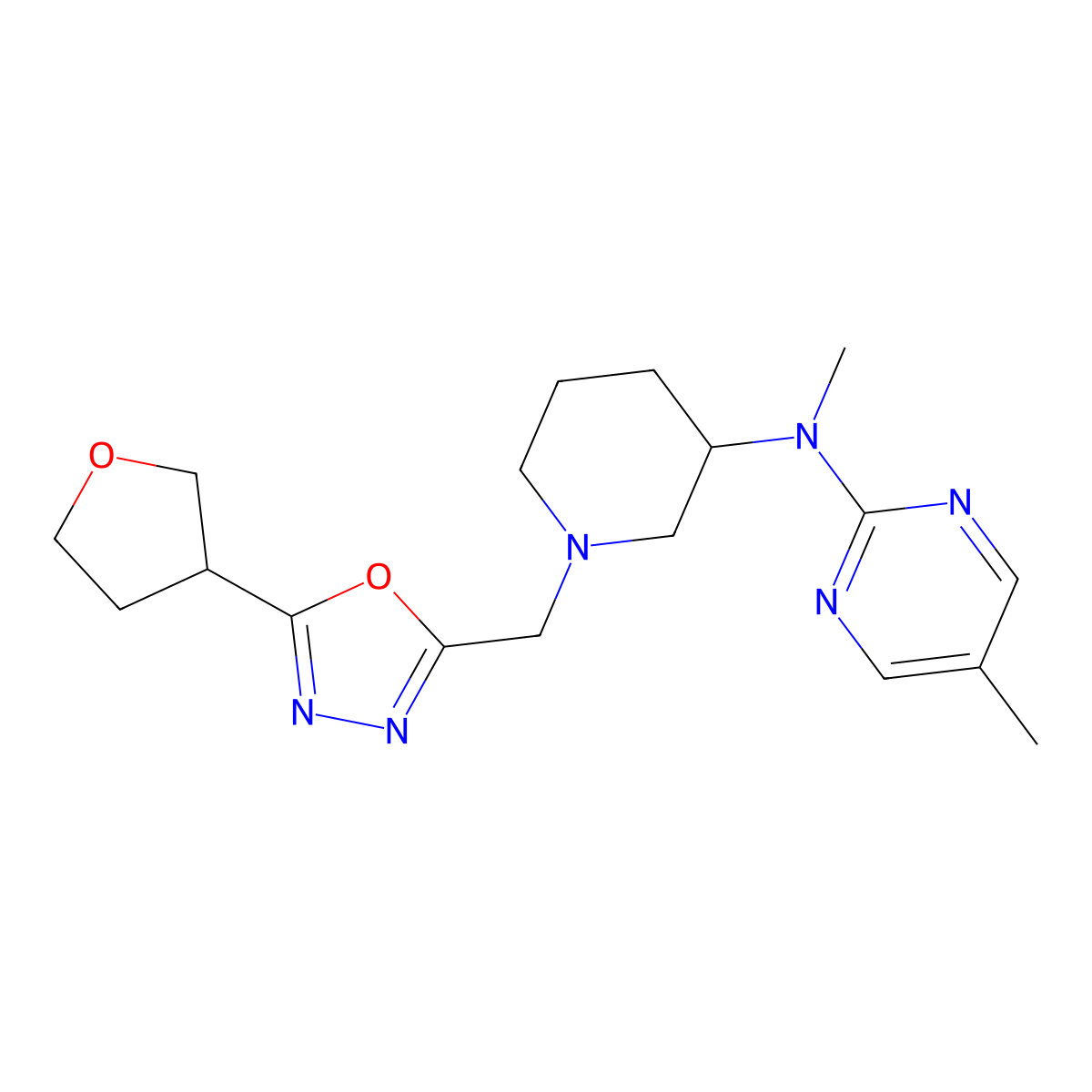 N,5-dimethyl-N-(1-{[5-(oxolan-3-yl)-1,3,4-oxadiazol-2-yl]methyl}piperidin-3-yl)pyrimidin-2-amine molecular structure, CAS 2742020-82-0