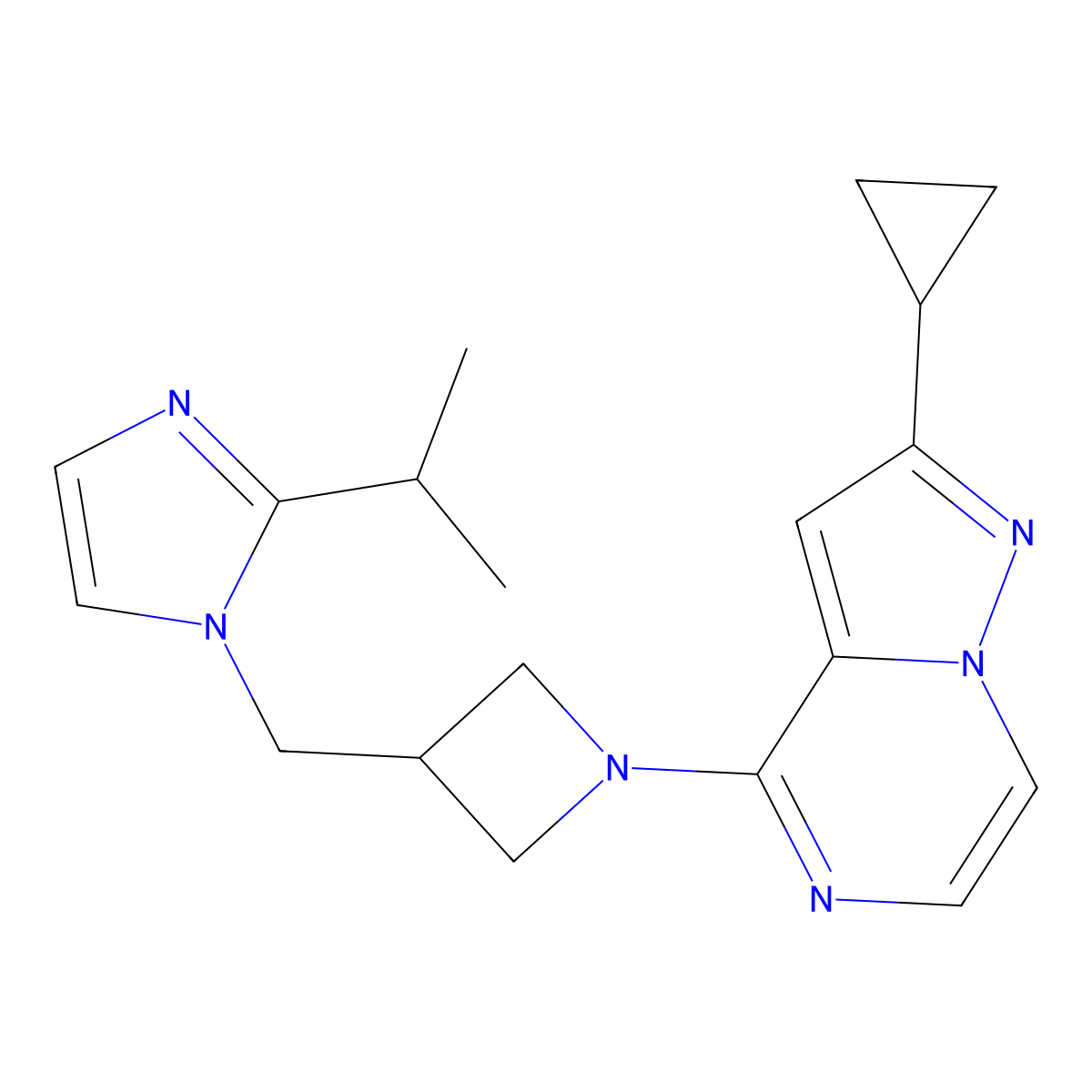 1-[(1-{2-cyclopropylpyrazolo[1,5-a]pyrazin-4-yl}azetidin-3-yl)methyl]-2-(propan-2-yl)-1H-imidazole molecular structure, CAS 2742020-92-2