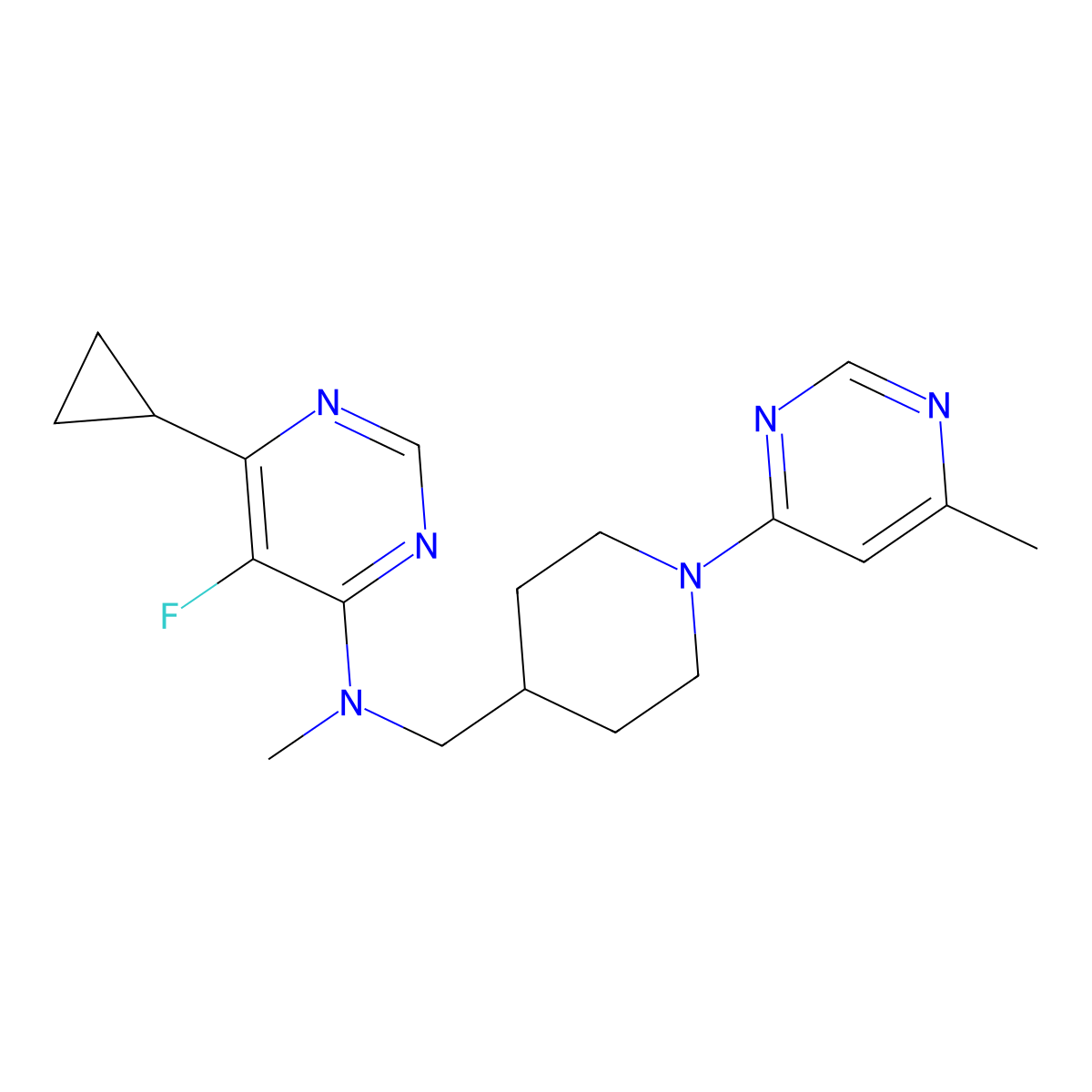 6-cyclopropyl-5-fluoro-N-methyl-N-{[1-(6-methylpyrimidin-4-yl)piperidin-4-yl]methyl}pyrimidin-4-amine molecular structure, CAS 2742020-93-3