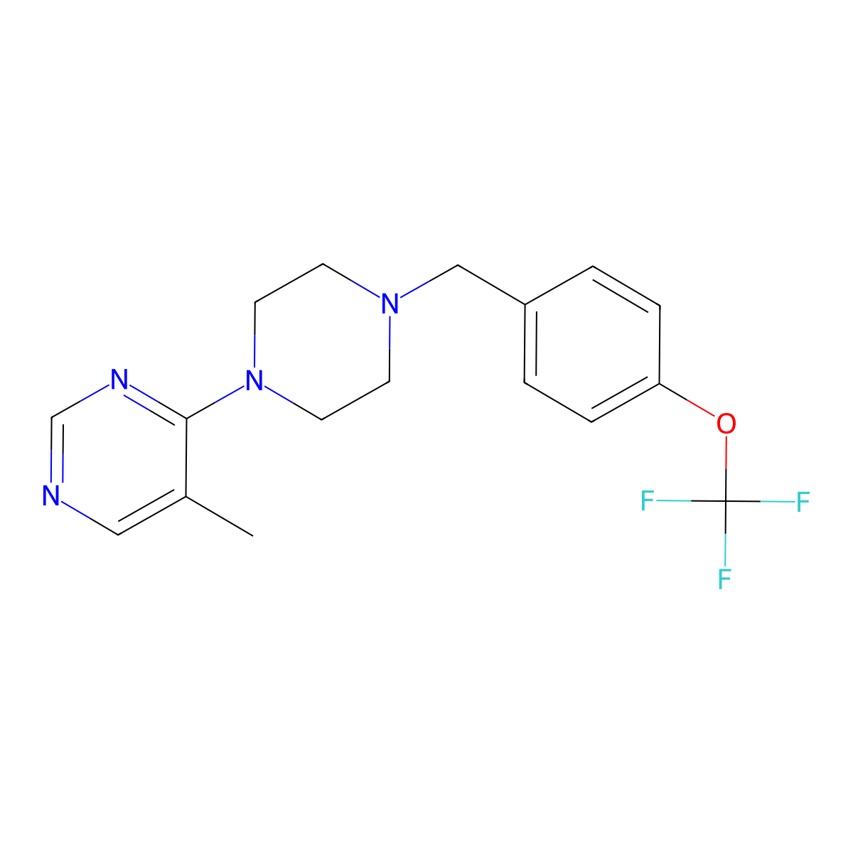 5-Methyl-4-(4-{[4-(trifluoromethoxy)phenyl]methyl}piperazin-1-yl)pyrimidine molecular structure, CAS 2742020-96-6
