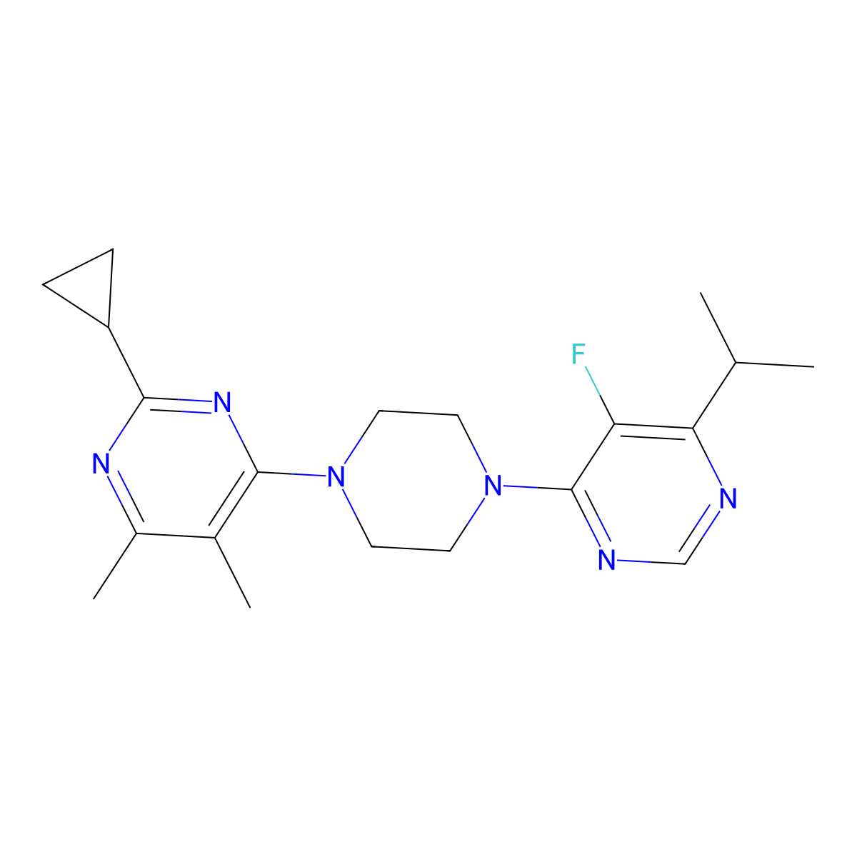 2-Cyclopropyl-4-{4-[5-fluoro-6-(propan-2-yl)pyrimidin-4-yl]piperazin-1-yl}-5,6-dimethylpyrimidine molecular structure, CAS 2742020-97-7