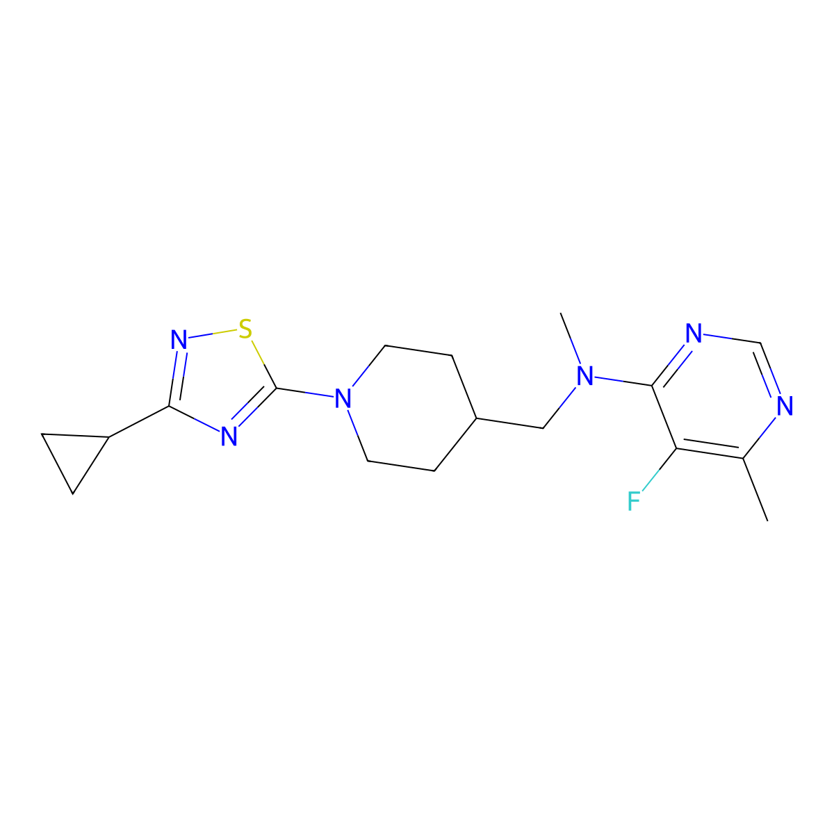 N-{[1-(3-cyclopropyl-1,2,4-thiadiazol-5-yl)piperidin-4-yl]methyl}-5-fluoro-N,6-dimethylpyrimidin-4-amine molecular structure, CAS 2742020-98-8
