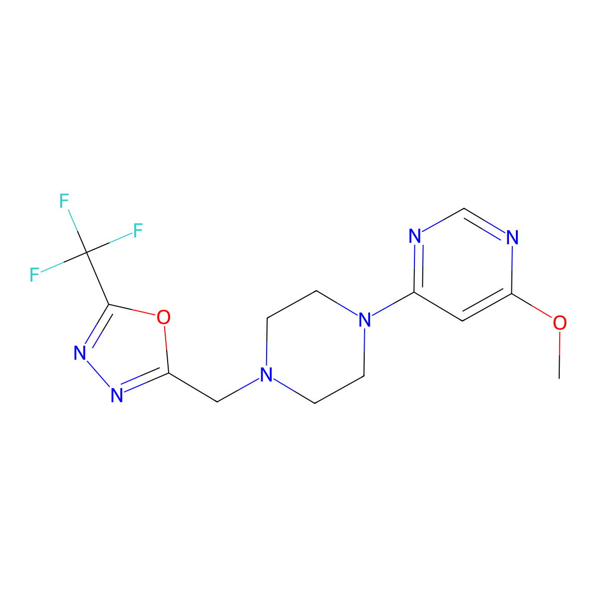 4-Methoxy-6-(4-{[5-(trifluoromethyl)-1,3,4-oxadiazol-2-yl]methyl}piperazin-1-yl)pyrimidine molecular structure, CAS 2742021-01-6