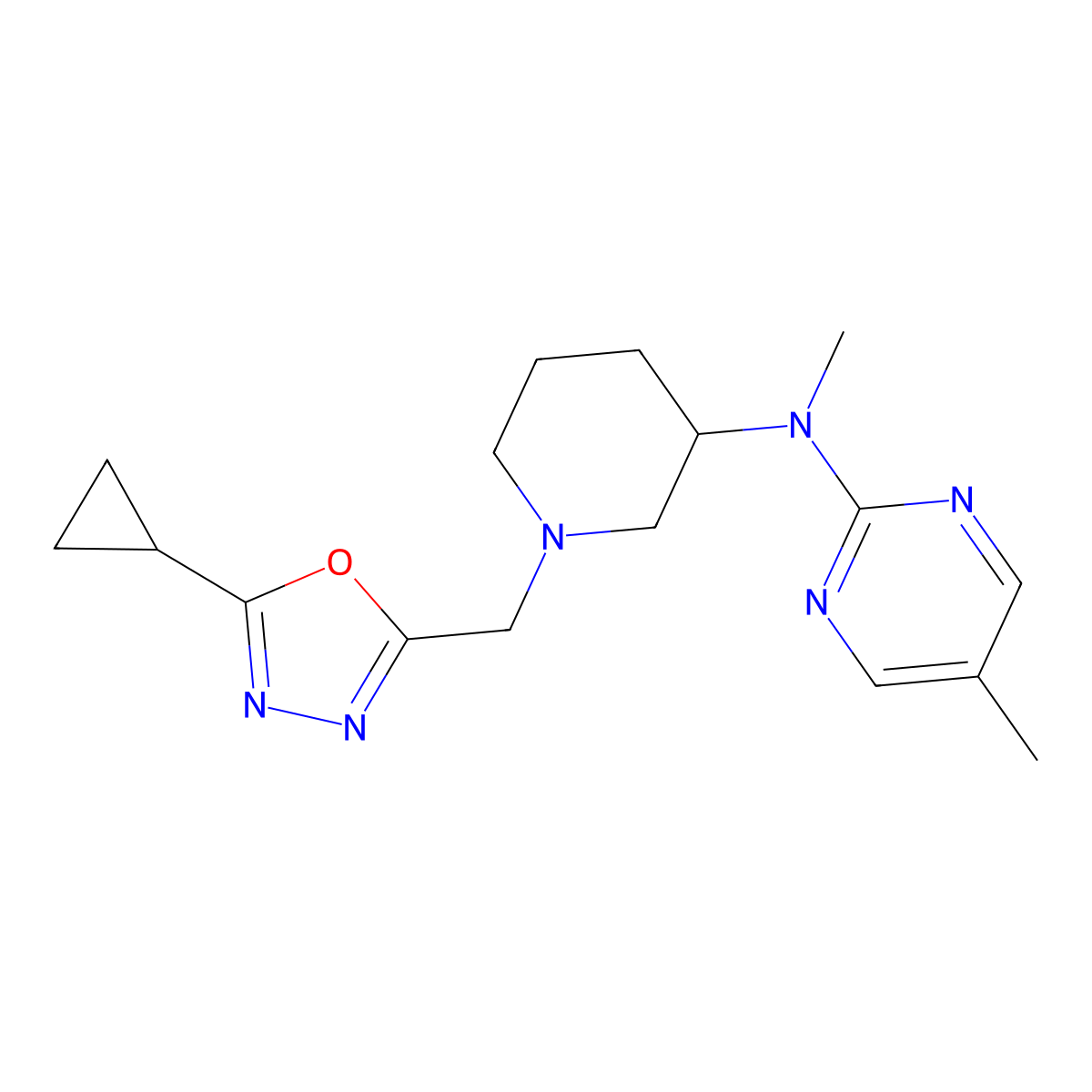 N-{1-[(5-cyclopropyl-1,3,4-oxadiazol-2-yl)methyl]piperidin-3-yl}-N,5-dimethylpyrimidin-2-amine molecular structure, CAS 2742021-06-1