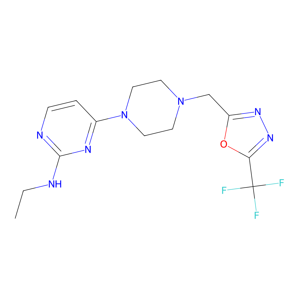 N-ethyl-4-(4-{[5-(trifluoromethyl)-1,3,4-oxadiazol-2-yl]methyl}piperazin-1-yl)pyrimidin-2-amine molecular structure, CAS 2742021-08-3