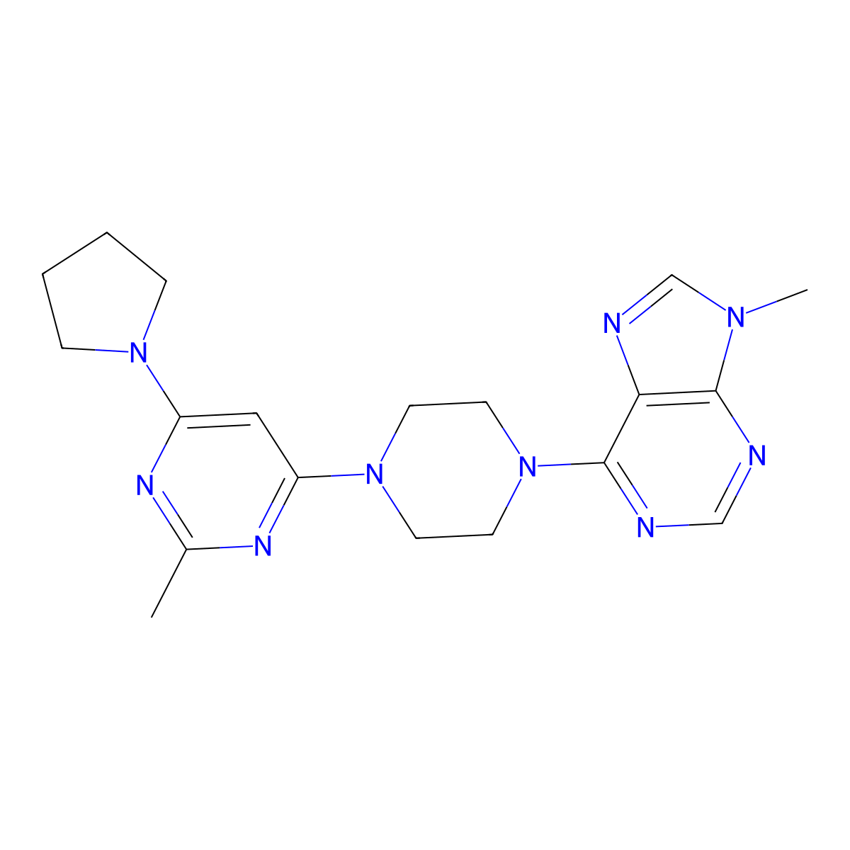 9-methyl-6-{4-[2-methyl-6-(pyrrolidin-1-yl)pyrimidin-4-yl]piperazin-1-yl}-9H-purine molecular structure, CAS 2742021-12-9