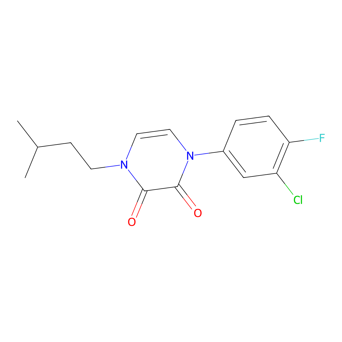 1-(3-Chloro-4-fluorophenyl)-4-(3-methylbutyl)-1,2,3,4-tetrahydropyrazine-2,3-dione molecular structure, CAS 2742021-13-0