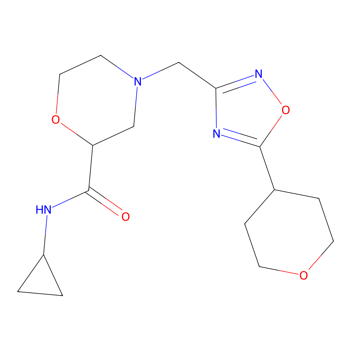 N-cyclopropyl-4-{[5-(oxan-4-yl)-1,2,4-oxadiazol-3-yl]methyl}morpholine-2-carboxamide molecular structure, CAS 2742021-23-2