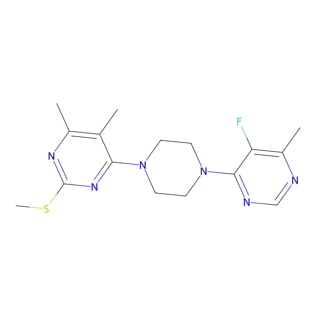 4-[4-(5-Fluoro-6-methylpyrimidin-4-yl)piperazin-1-yl]-5,6-dimethyl-2-(methylsulfanyl)pyrimidine molecular structure, CAS 2742021-26-5