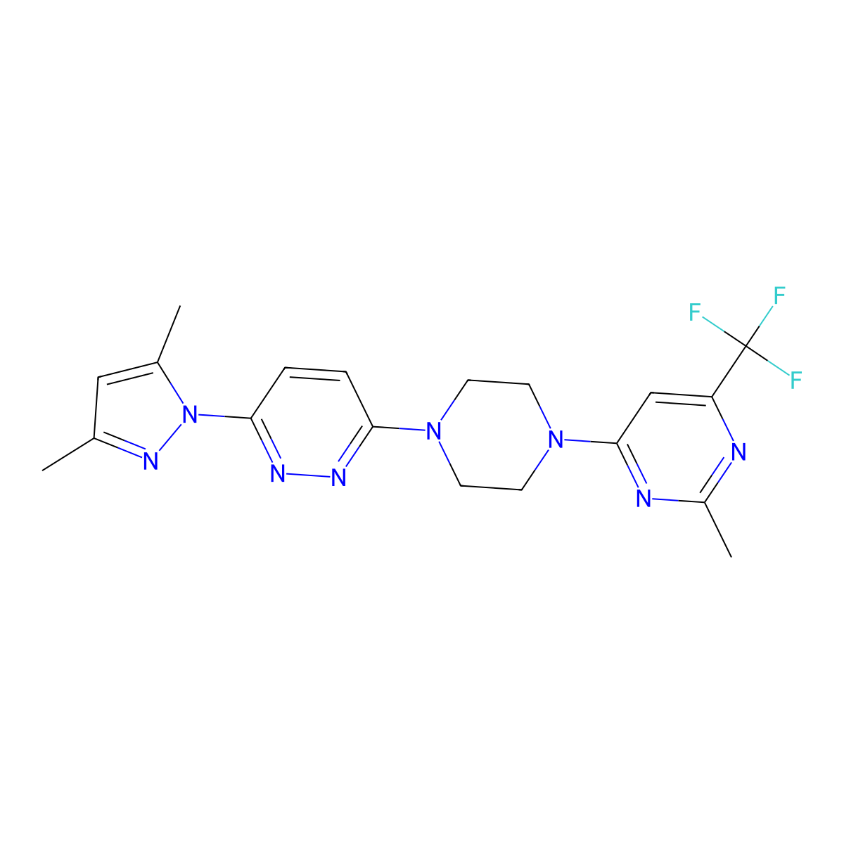 4-{4-[6-(3,5-dimethyl-1H-pyrazol-1-yl)pyridazin-3-yl]piperazin-1-yl}-2-methyl-6-(trifluoromethyl)pyrimidine molecular structure, CAS 2742021-32-3