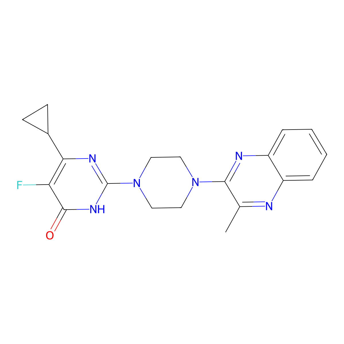 6-Cyclopropyl-5-fluoro-2-[4-(3-methylquinoxalin-2-yl)piperazin-1-yl]-3,4-dihydropyrimidin-4-one molecular structure, CAS 2742021-33-4