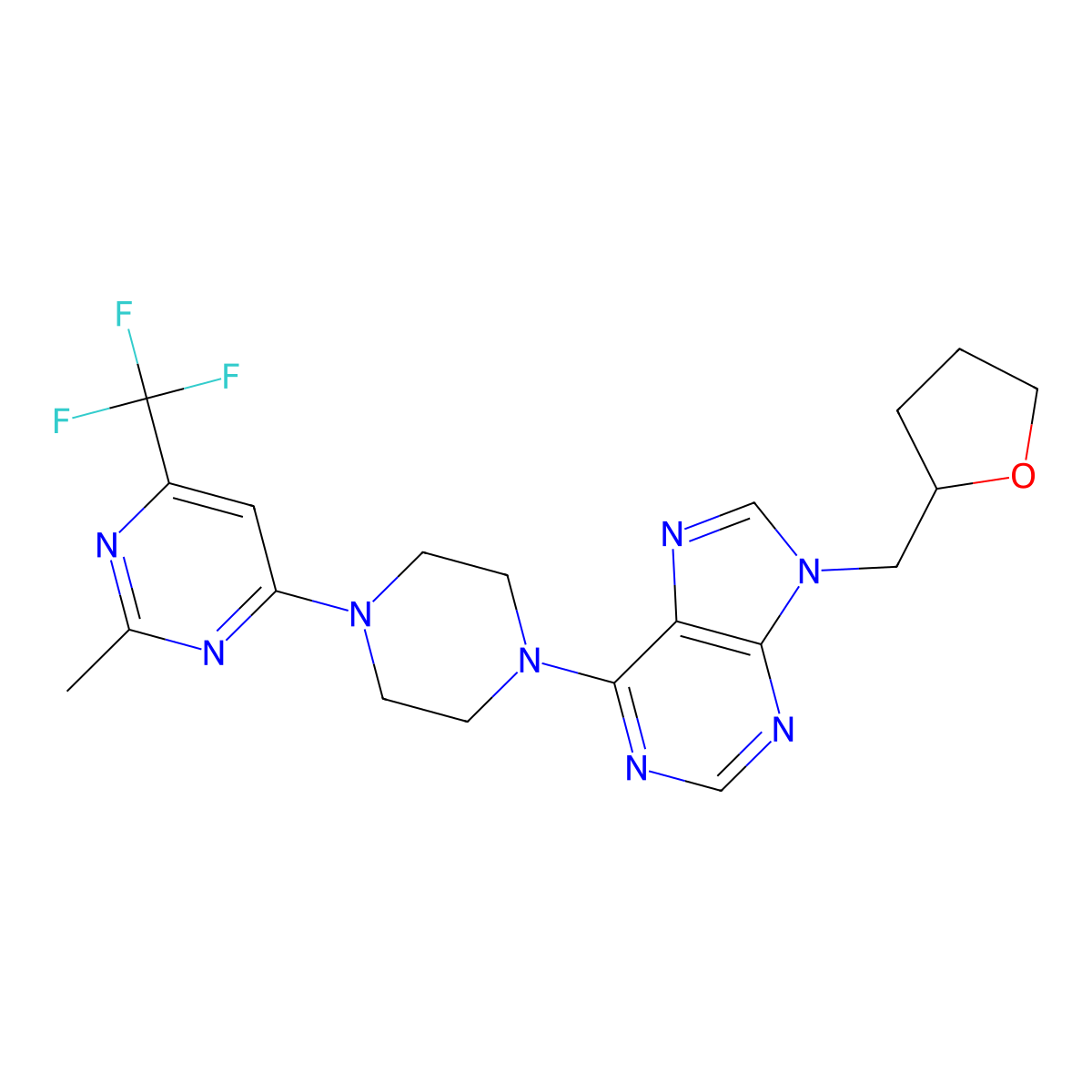 6-{4-[2-methyl-6-(trifluoromethyl)pyrimidin-4-yl]piperazin-1-yl}-9-[(oxolan-2-yl)methyl]-9H-purine molecular structure, CAS 2742021-42-5