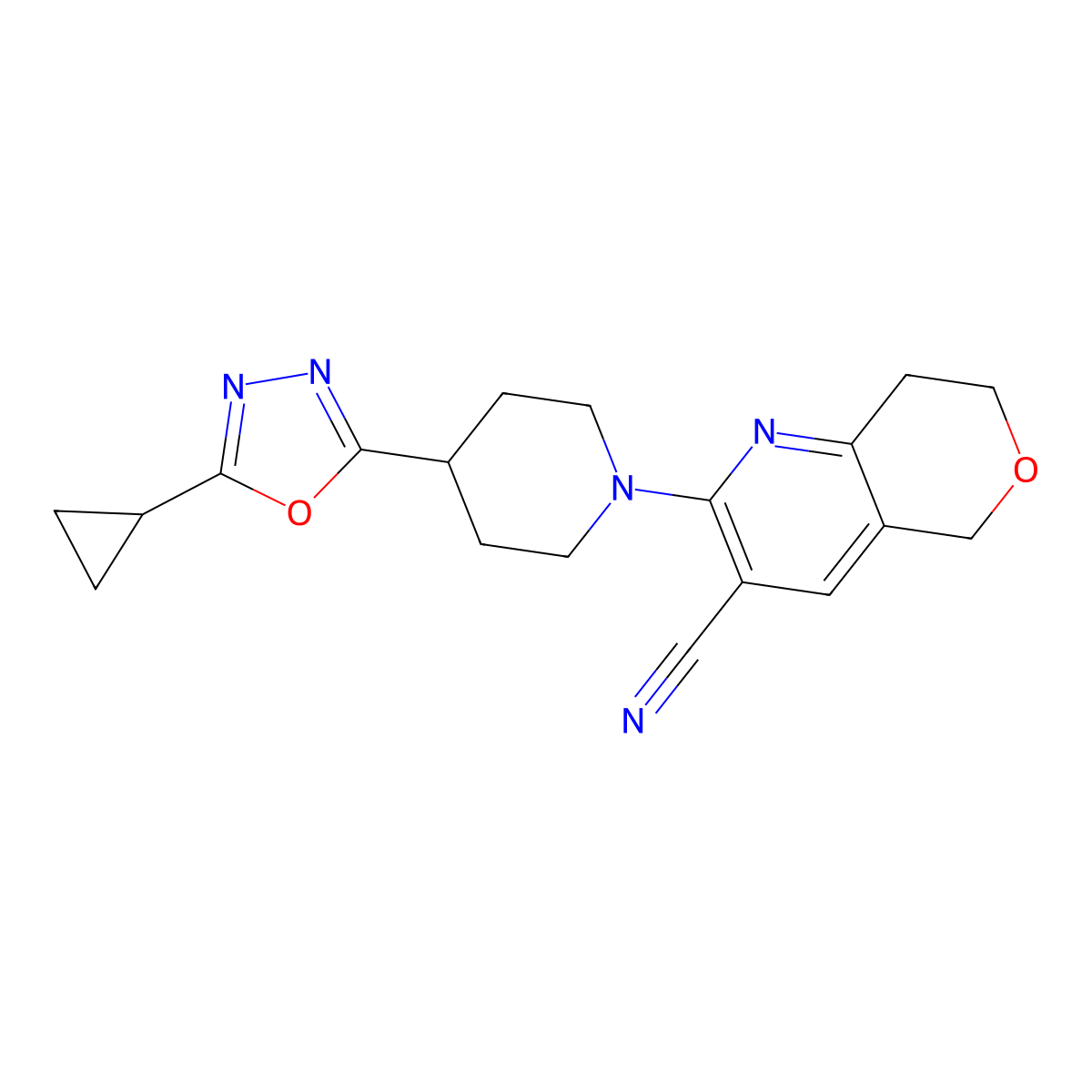 2-[4-(5-cyclopropyl-1,3,4-oxadiazol-2-yl)piperidin-1-yl]-5H,7H,8H-pyrano[4,3-b]pyridine-3-carbonitrile molecular structure, CAS 2742021-44-7