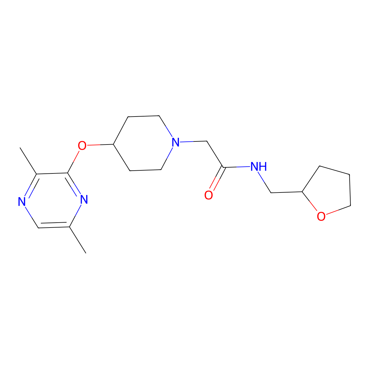 2-{4-[(3,6-dimethylpyrazin-2-yl)oxy]piperidin-1-yl}-N-[(oxolan-2-yl)methyl]acetamide molecular structure, CAS 2742021-46-9