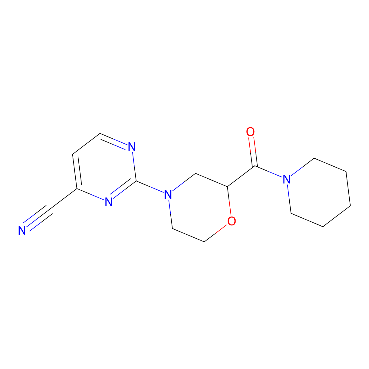 2-[2-(Piperidine-1-carbonyl)morpholin-4-yl]pyrimidine-4-carbonitrile molecular structure, CAS 2742021-53-8