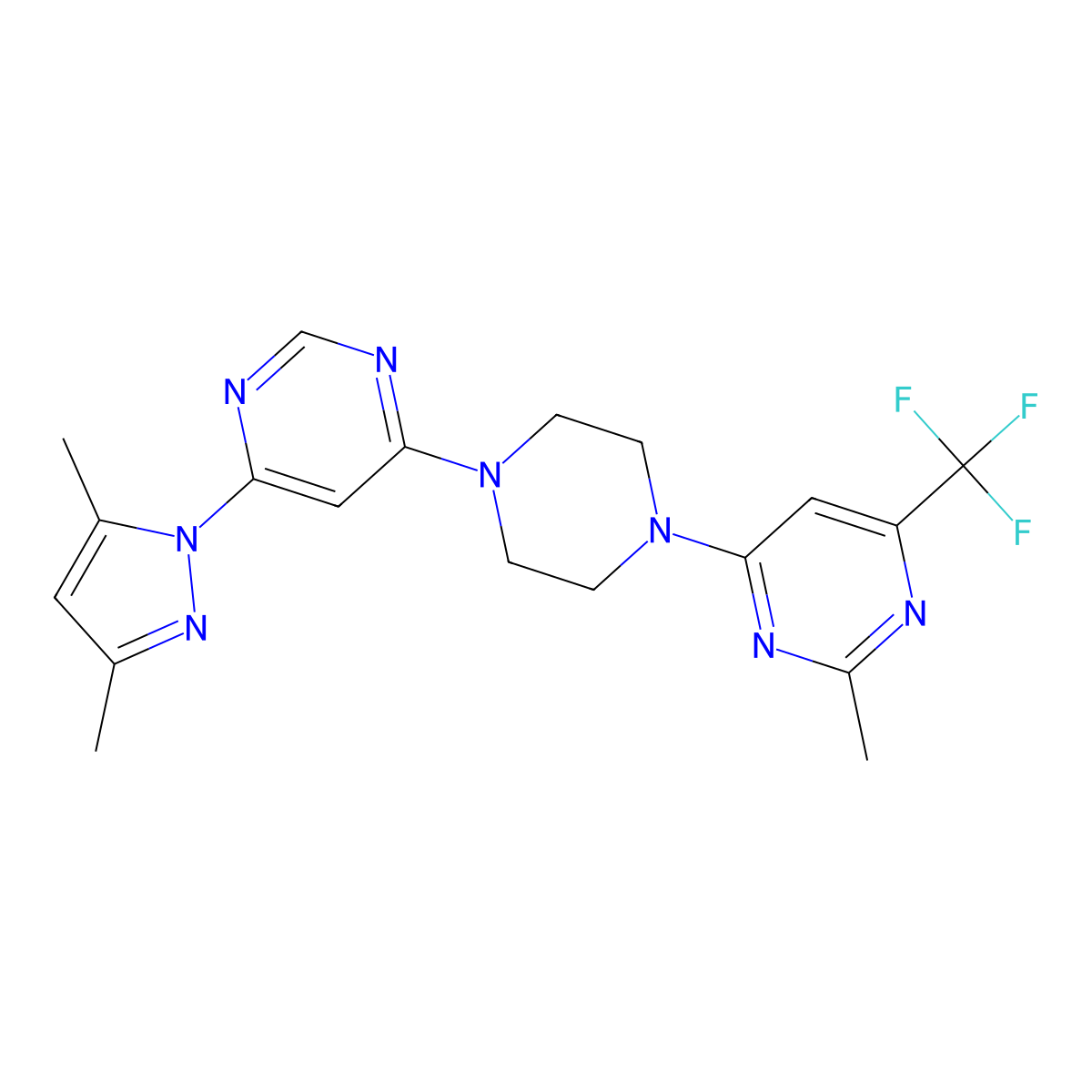 4-(3,5-dimethyl-1H-pyrazol-1-yl)-6-{4-[2-methyl-6-(trifluoromethyl)pyrimidin-4-yl]piperazin-1-yl}pyrimidine molecular structure, CAS 2742021-58-3