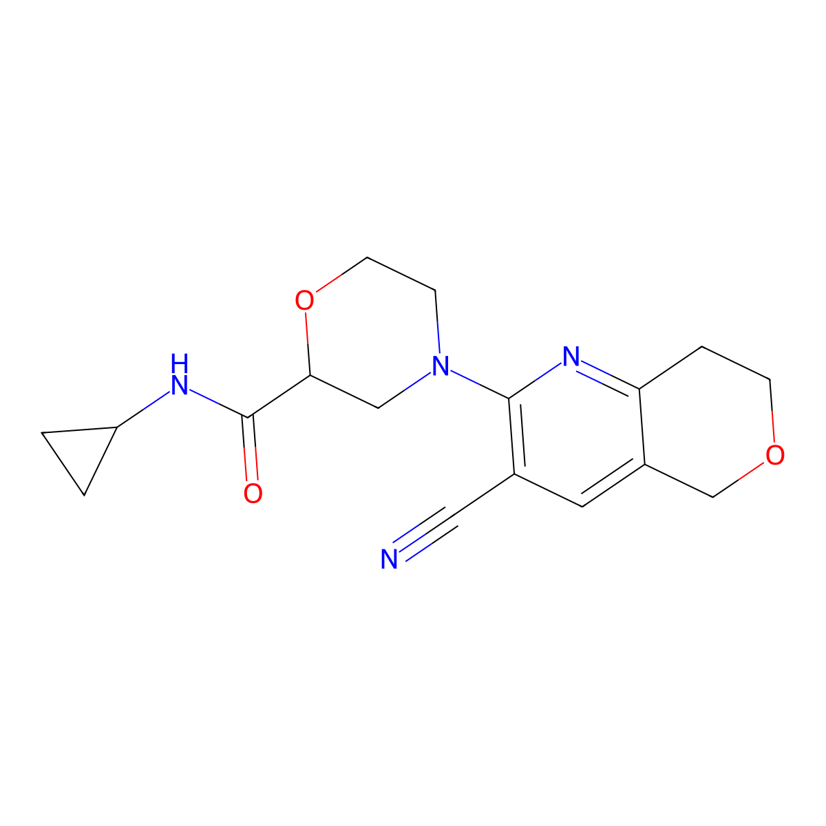4-{3-cyano-5H,7H,8H-pyrano[4,3-b]pyridin-2-yl}-N-cyclopropylmorpholine-2-carboxamide molecular structure, CAS 2742021-61-8
