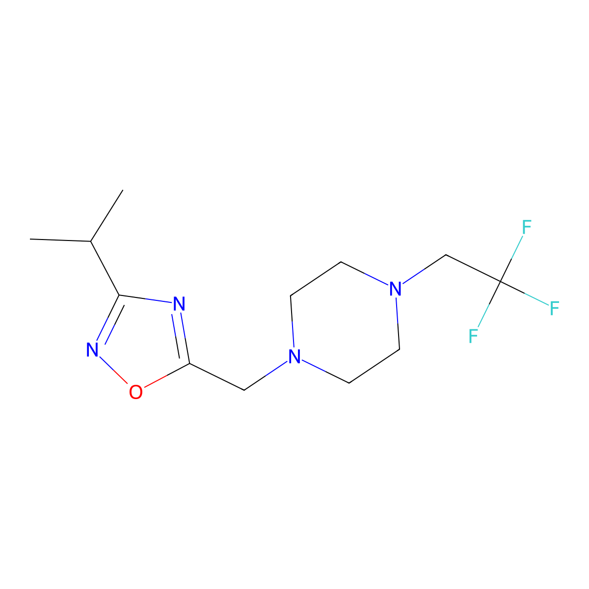 1-{[3-(Propan-2-yl)-1,2,4-oxadiazol-5-yl]methyl}-4-(2,2,2-trifluoroethyl)piperazine molecular structure, CAS 2742021-64-1