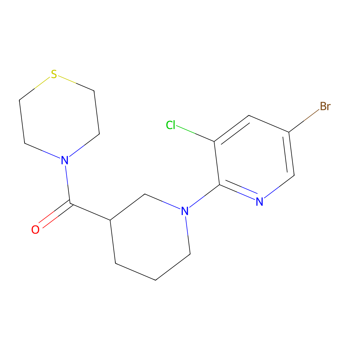 4-[1-(5-Bromo-3-chloropyridin-2-yl)piperidine-3-carbonyl]thiomorpholine molecular structure, CAS 2742021-86-7