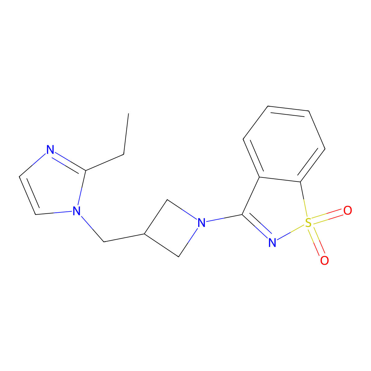 3-[3-[(2-Ethylimidazol-1-yl)methyl]azetidin-1-yl]-1,2-benzothiazole 1,1-dioxide molecular structure, CAS 2742021-90-3