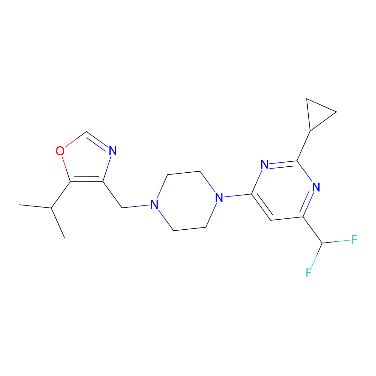 2-Cyclopropyl-4-(difluoromethyl)-6-(4-{[5-(propan-2-yl)-1,3-oxazol-4-yl]methyl}piperazin-1-yl)pyrimidine molecular structure, CAS 2742021-91-4