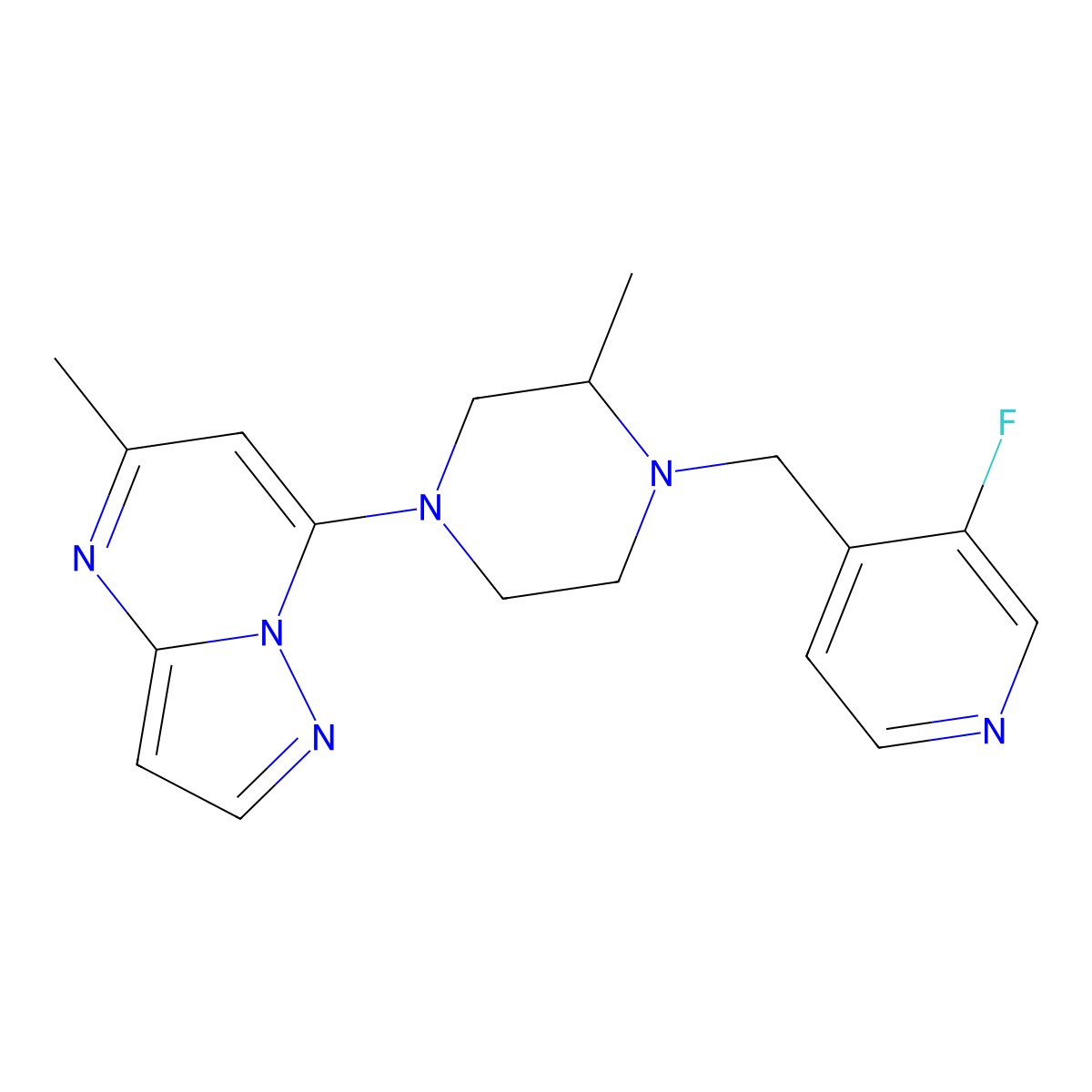 1-[(3-Fluoropyridin-4-yl)methyl]-2-methyl-4-{5-methylpyrazolo[1,5-a]pyrimidin-7-yl}piperazine molecular structure, CAS 2742021-93-6
