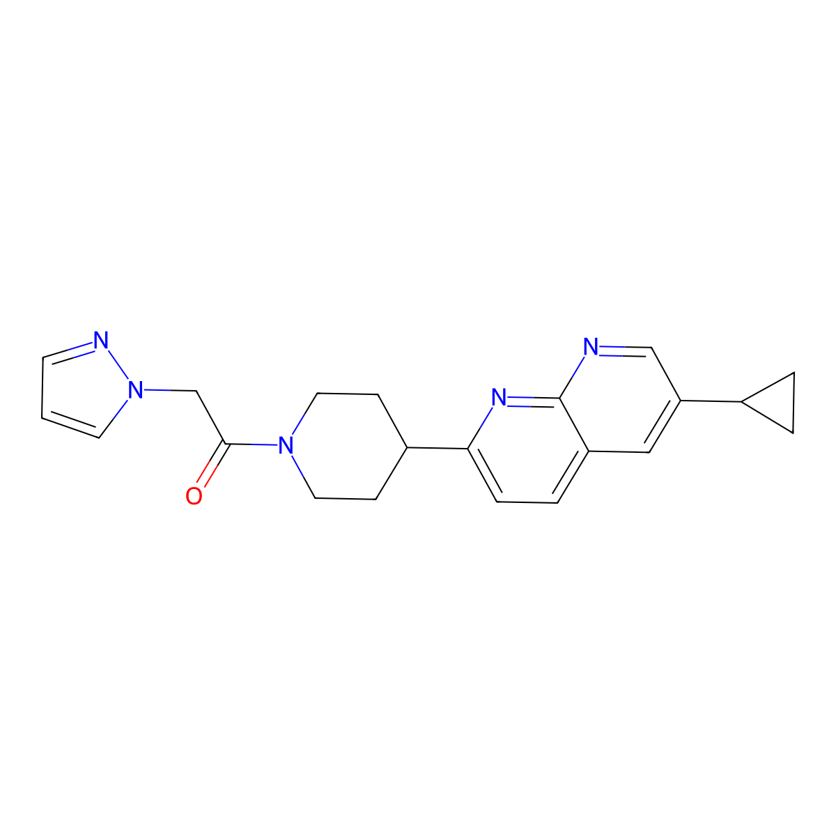 1-[4-(6-cyclopropyl-1,8-naphthyridin-2-yl)piperidin-1-yl]-2-(1H-pyrazol-1-yl)ethan-1-one molecular structure, CAS 2742021-95-8