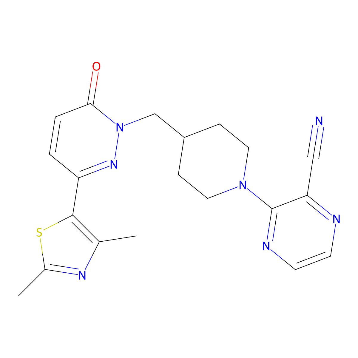 3-(4-{[3-(2,4-Dimethyl-1,3-thiazol-5-yl)-6-oxo-1,6-dihydropyridazin-1-yl]methyl}piperidin-1-yl)pyrazine-2-carbonitrile molecular structure, CAS 2742021-99-2