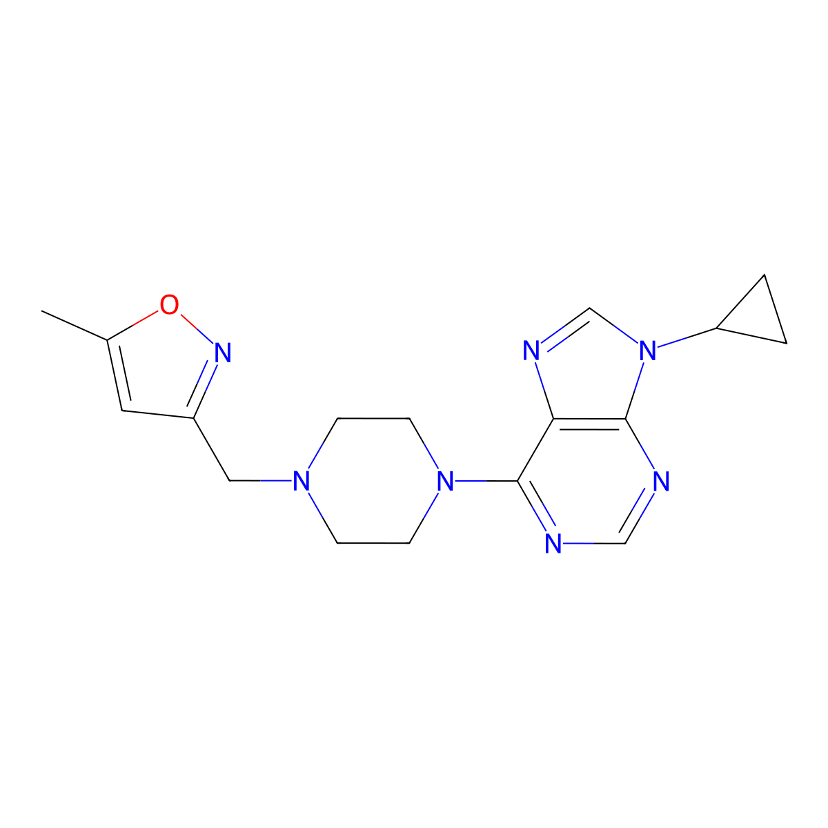 9-cyclopropyl-6-{4-[(5-methyl-1,2-oxazol-3-yl)methyl]piperazin-1-yl}-9H-purine molecular structure, CAS 2742022-06-4