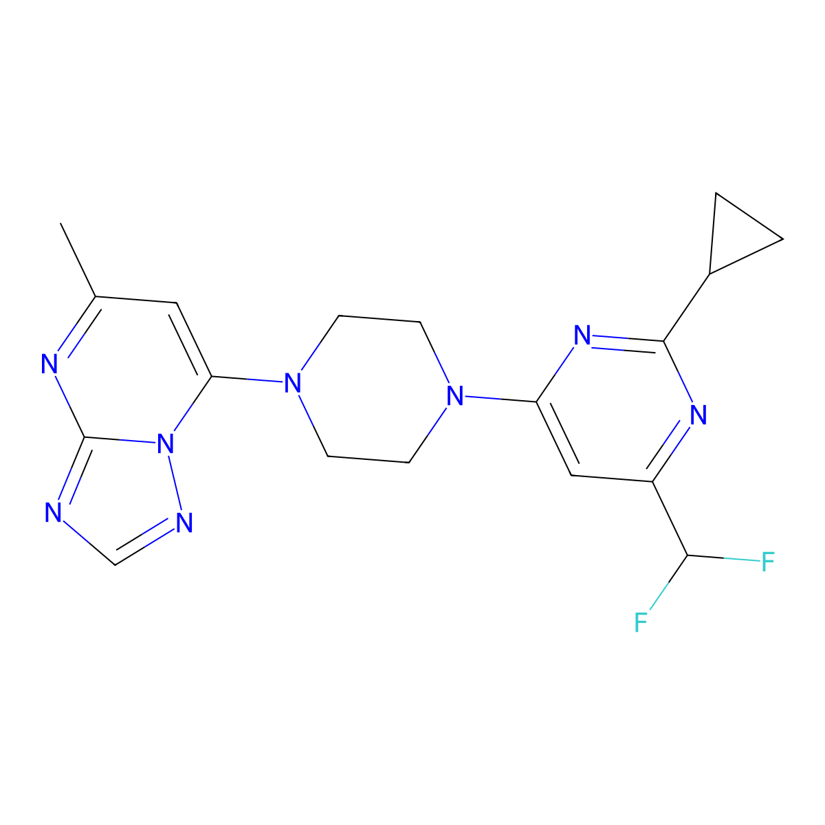 2-Cyclopropyl-4-(difluoromethyl)-6-(4-{5-methyl-[1,2,4]triazolo[1,5-a]pyrimidin-7-yl}piperazin-1-yl)pyrimidine molecular structure, CAS 2742022-10-0