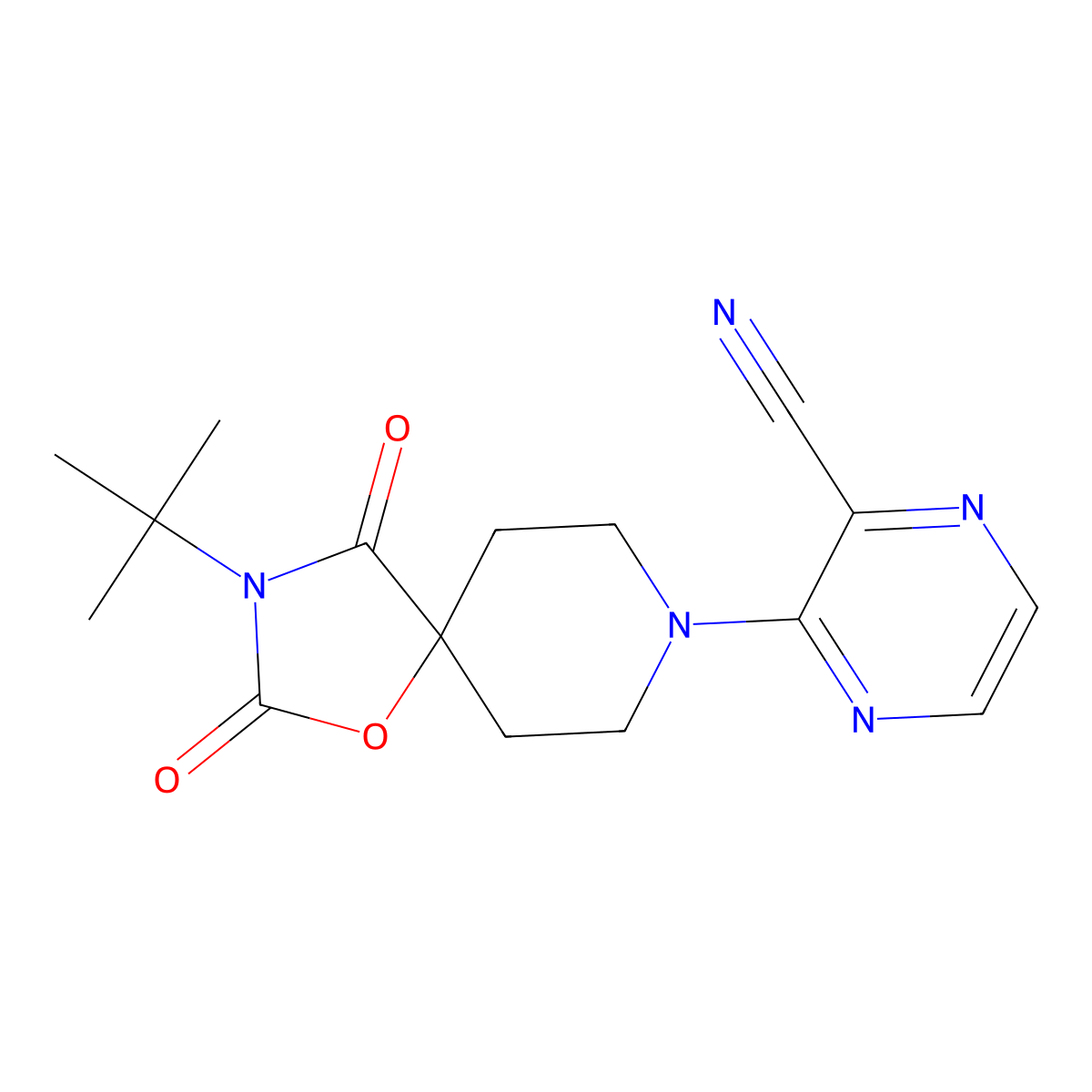 3-{3-Tert-butyl-2,4-dioxo-1-oxa-3,8-diazaspiro[4.5]decan-8-yl}pyrazine-2-carbonitrile molecular structure, CAS 2742022-11-1