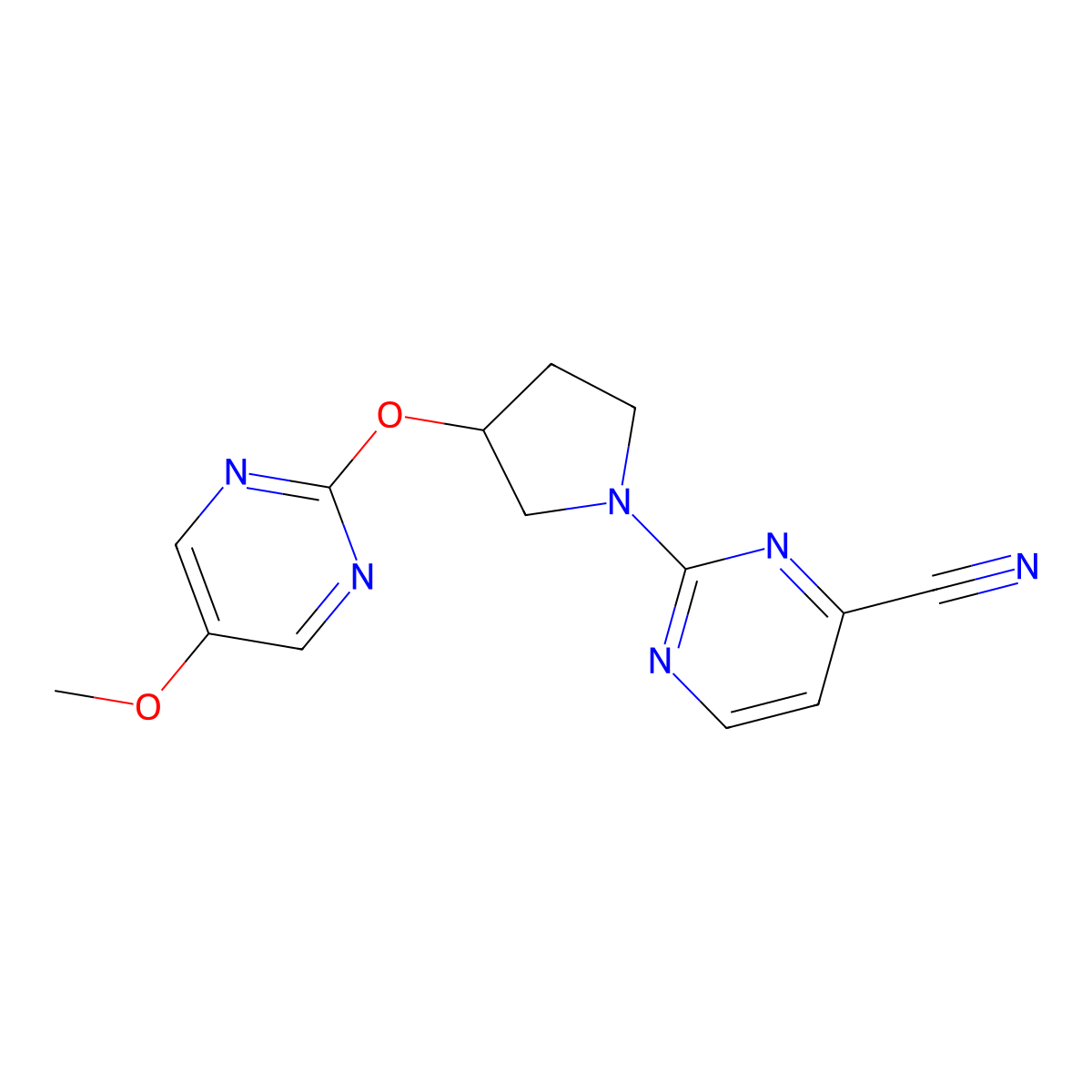 2-{3-[(5-Methoxypyrimidin-2-yl)oxy]pyrrolidin-1-yl}pyrimidine-4-carbonitrile molecular structure, CAS 2742022-16-6