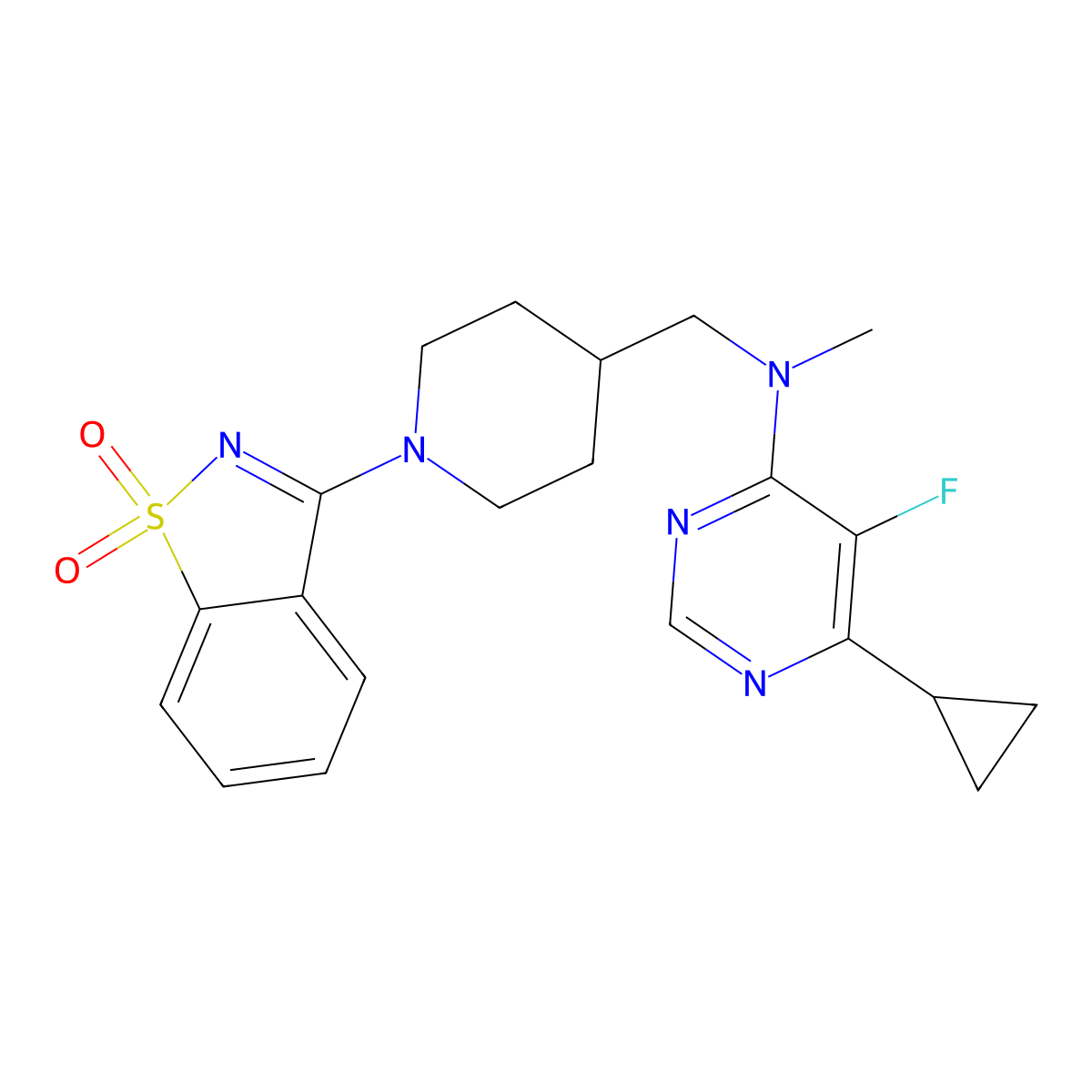 6-cyclopropyl-N-[[1-(1,1-dioxo-1,2-benzothiazol-3-yl)piperidin-4-yl]methyl]-5-fluoro-N-methylpyrimidin-4-amine molecular structure, CAS 2742022-18-8
