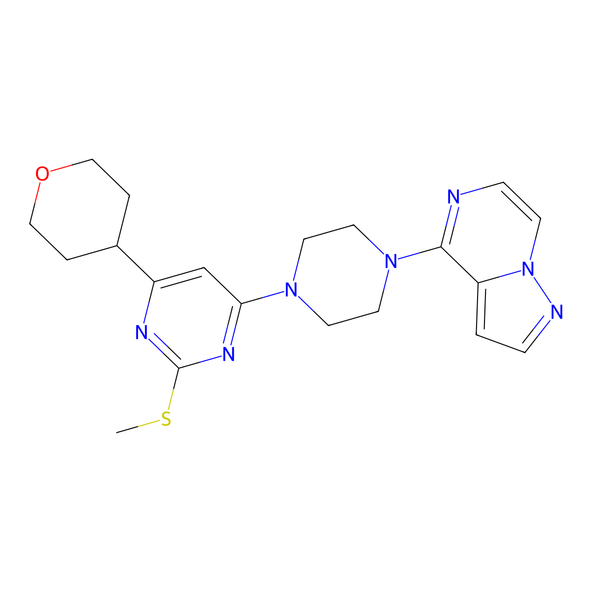 2-(Methylsulfanyl)-4-(oxan-4-yl)-6-(4-{pyrazolo[1,5-a]pyrazin-4-yl}piperazin-1-yl)pyrimidine molecular structure, CAS 2742022-26-8