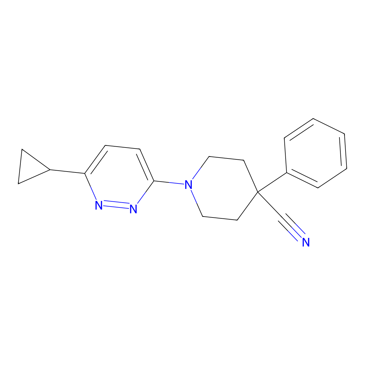 1-(6-Cyclopropylpyridazin-3-yl)-4-phenylpiperidine-4-carbonitrile molecular structure, CAS 2742022-33-7